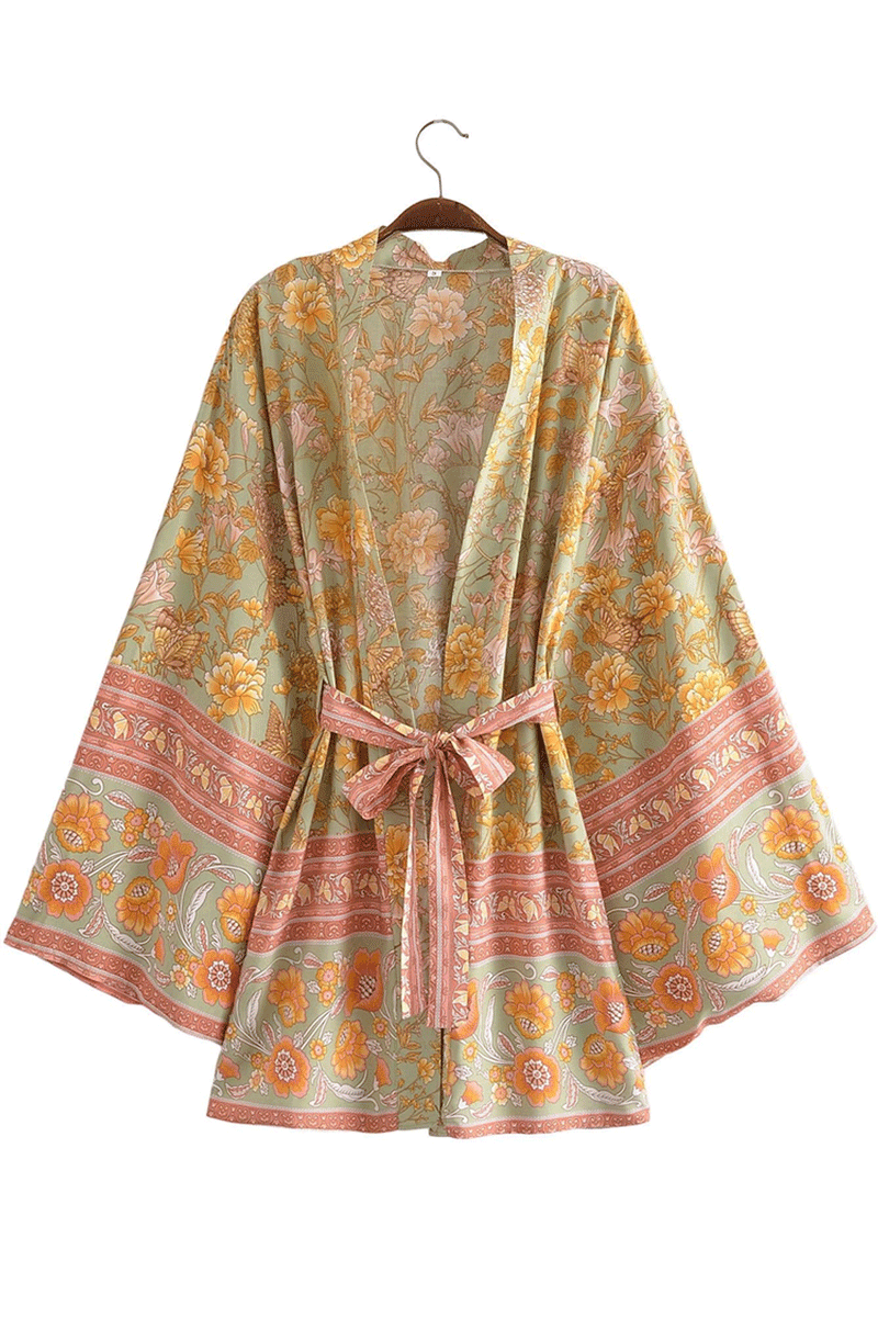 Boho Robe, Kimono Robe,  Beach Cover up, Short Robe, Eulalie in Green and Pink