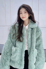 Boho Winter Coat, Fur Coat, Faux Fox Fur, Pistachio