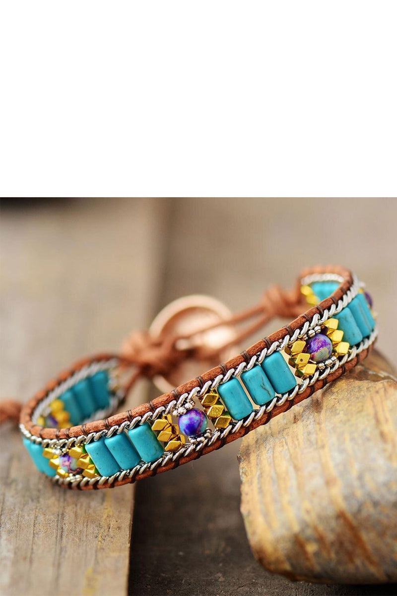 Boho Bracelet, Leather Wrap Bracelet, Weave Bracelet, Turquoises Chain