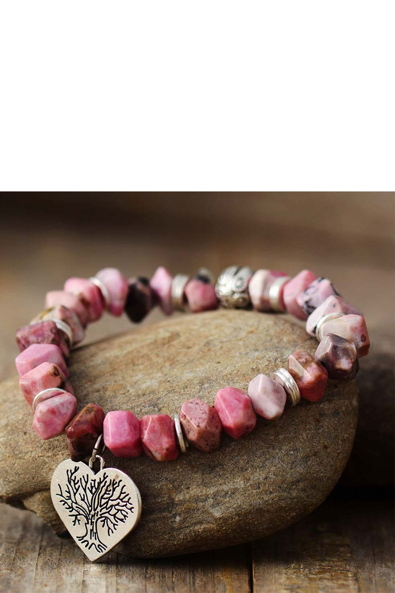 Boho Bracelet, Stretchy Bracelet, Pink Heart Rhodonite