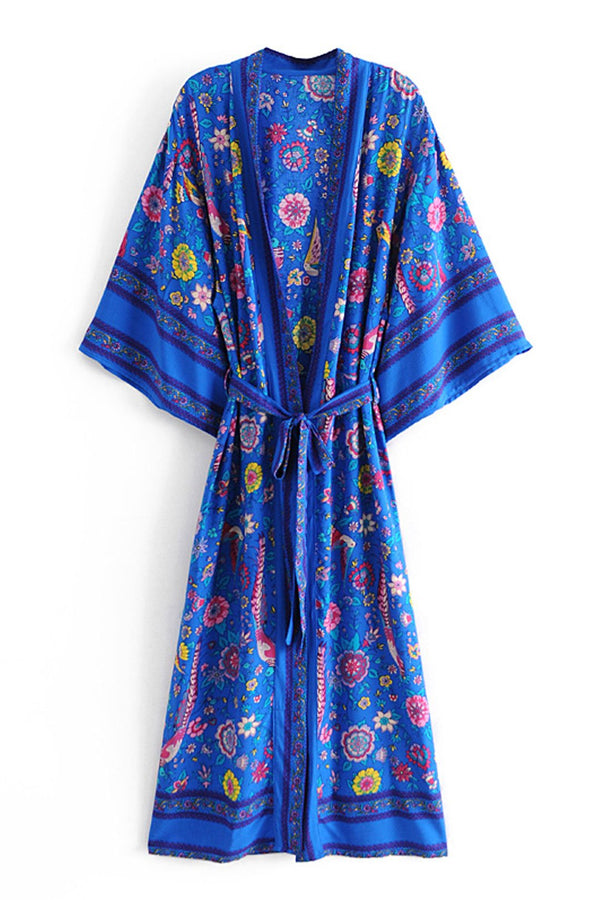 Boho Robe, Kimono Robe, Blue Peony Bird - Wild Rose Boho