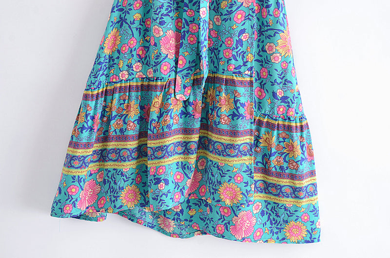 Boho Mini Dress, Sundress, Wrap Dress, Gypsy Flower in Blue and White Green Blue / S