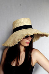 Boho Hat, Sun Hat, Beach Hat, Wide Brim Hat , Straw Hat, Black Bow - Wild Rose Boho