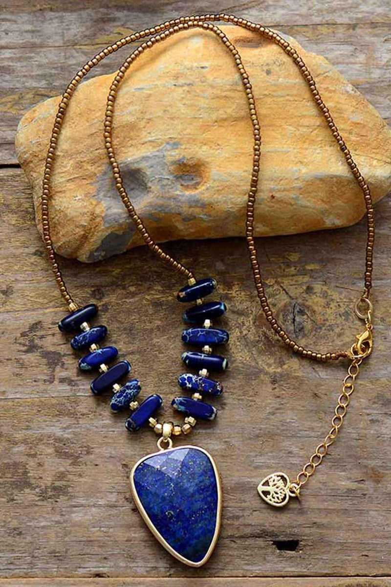 Boho Necklace, Heart Lapis Pendant Necklace