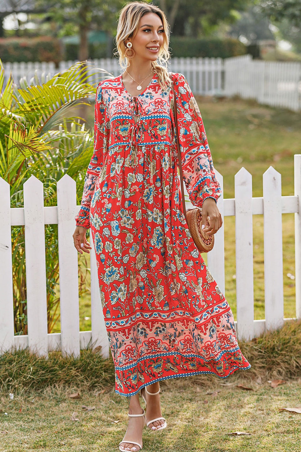 Cherry Red Winter Maxi Dress for Women, Floral Boho Chic Maxi