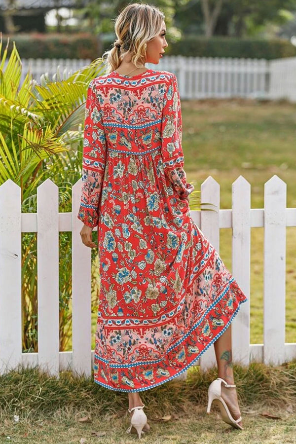 Boho Dress, Gown, Red India Flower - Wild Rose Boho