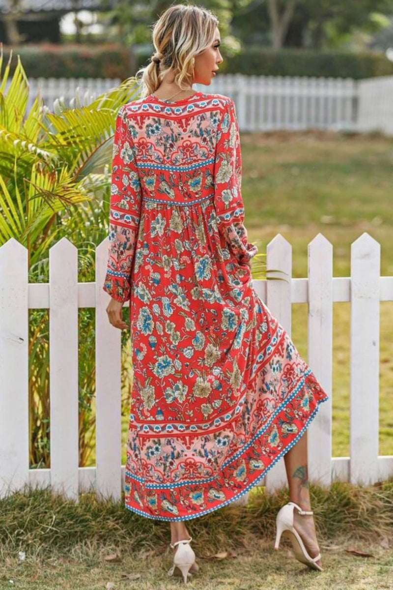 Cherry Red Winter Maxi Dress for Women, Floral Boho Chic Maxi
