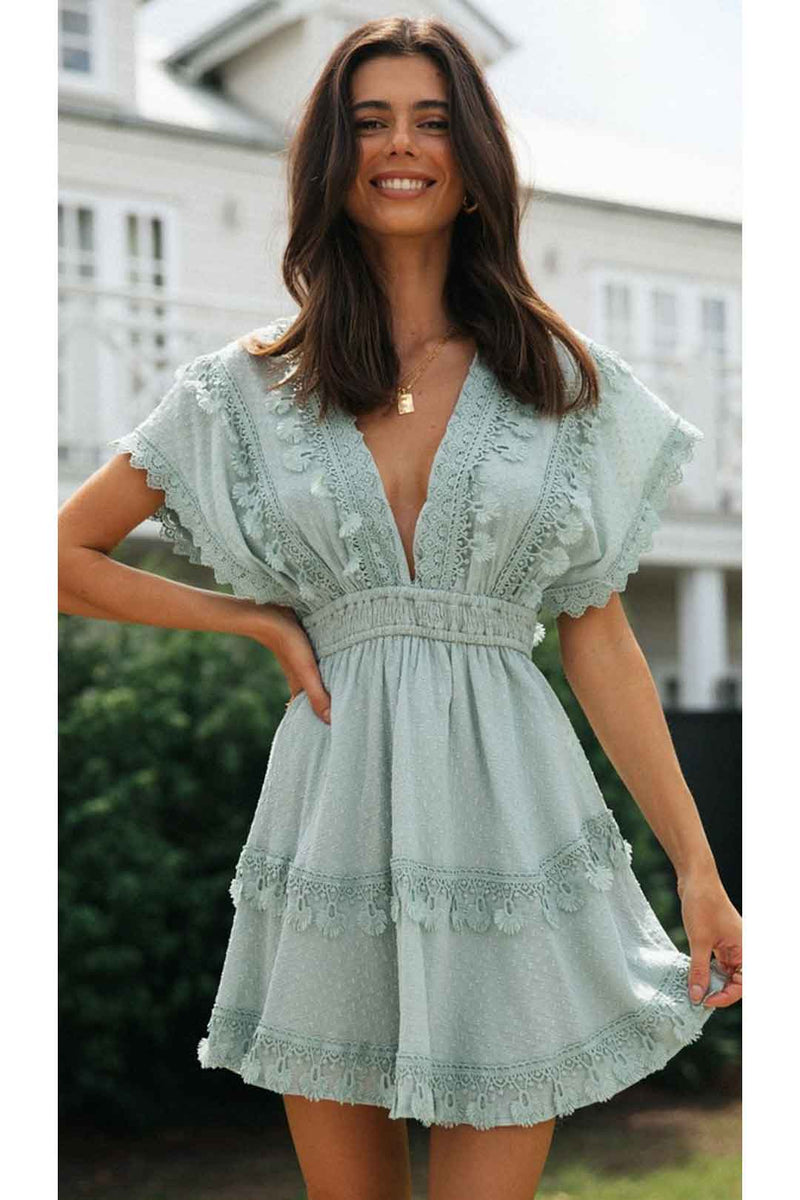 green boho mini dress Green Boho Floral Mini Dress Wrap Style V-Neck A-Line Summer Dress