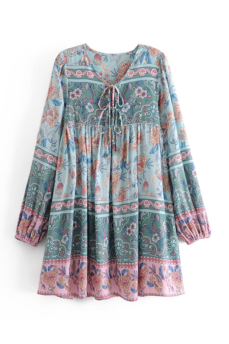 Mini Dress, Boho Dress, Karlie Vintage Blue Rose - Wild Rose Boho