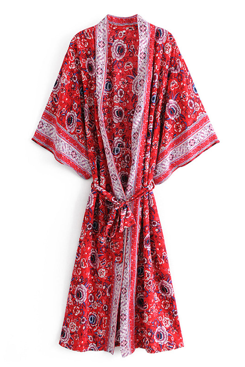 Boho Robe, Kimono Robe, Red Daisy Mum - Wild Rose Boho