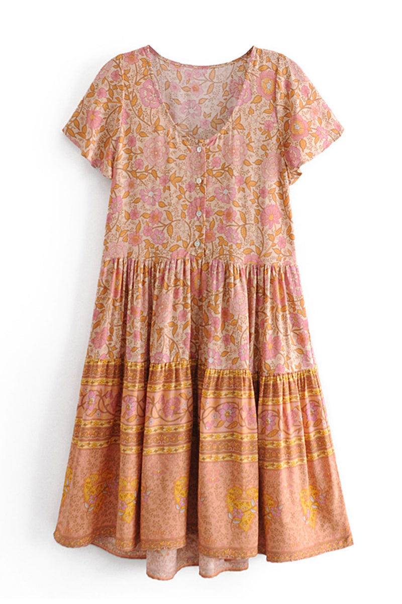 Boho Mini Dress, Sundress, Indian Flower Pink, Pink / S Boho Mini Dress, Sundress, Indian Flower Pink, Pink / S