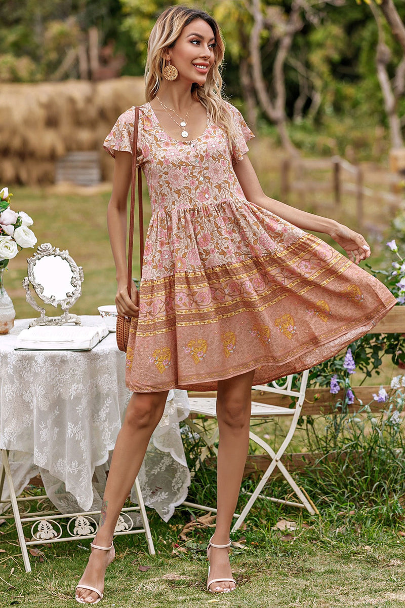 Boho Mini Dress, Sundress, Indian Flower Pink, Pink / S Boho Mini Dress, Sundress, Indian Flower Pink, Pink / S