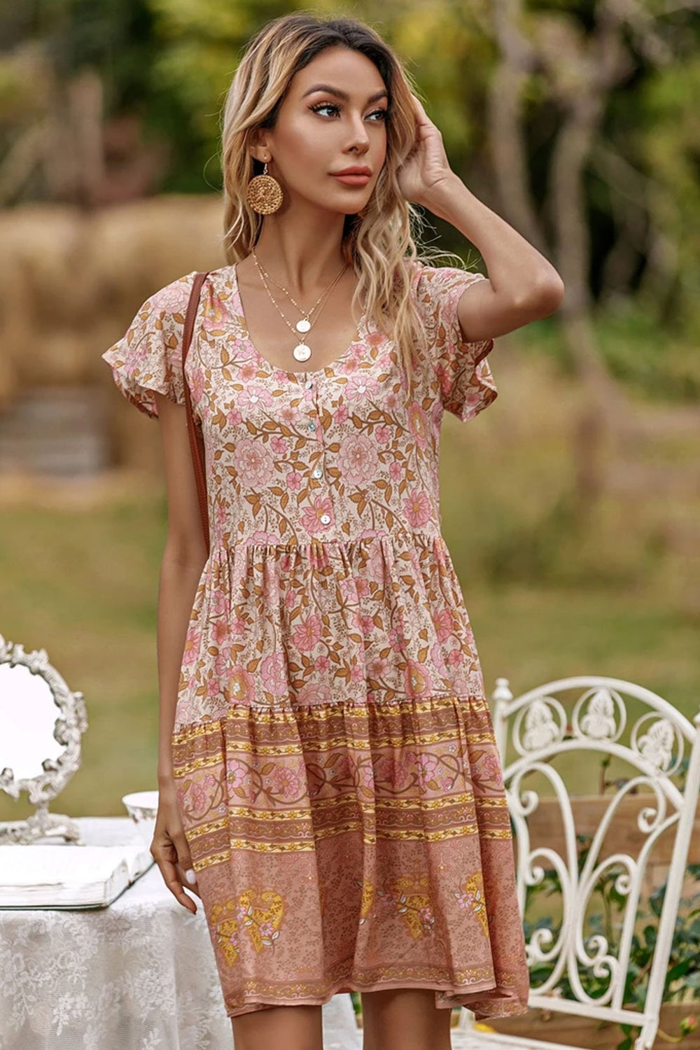 Boho Mini Dress, Sundress, Indian Flower Pink, Pink / S