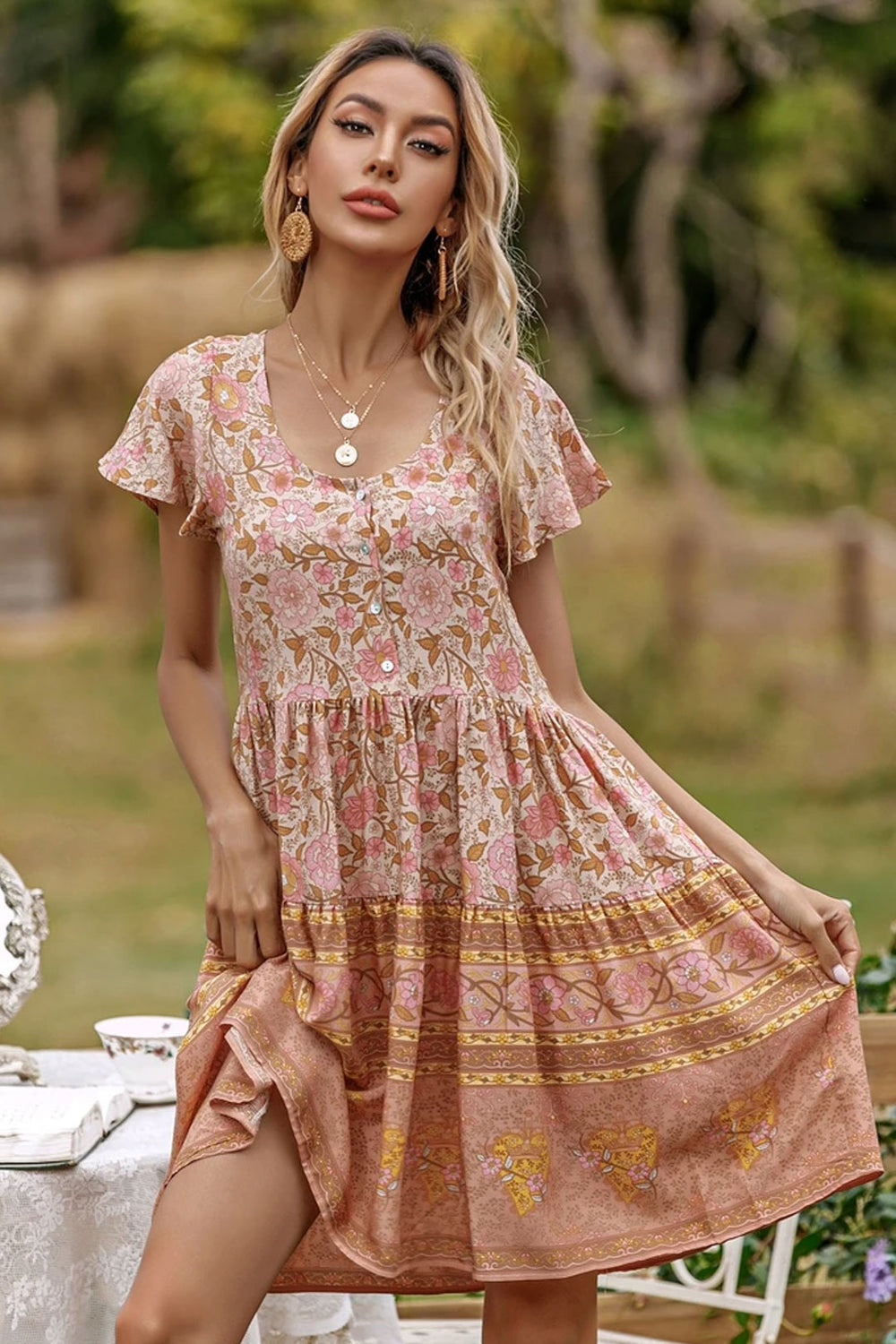 indian inspired mini dress Boho Dress, Sundress, Flower Pink, pink / S US Size:US18W Cutting Pattern Jersey dress Cotton Rayon Blend Garment thanksgiving outfit