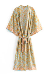 Boho Robe, Kimono Robe, Vine Vintage Blue Gold - Wild Rose Boho