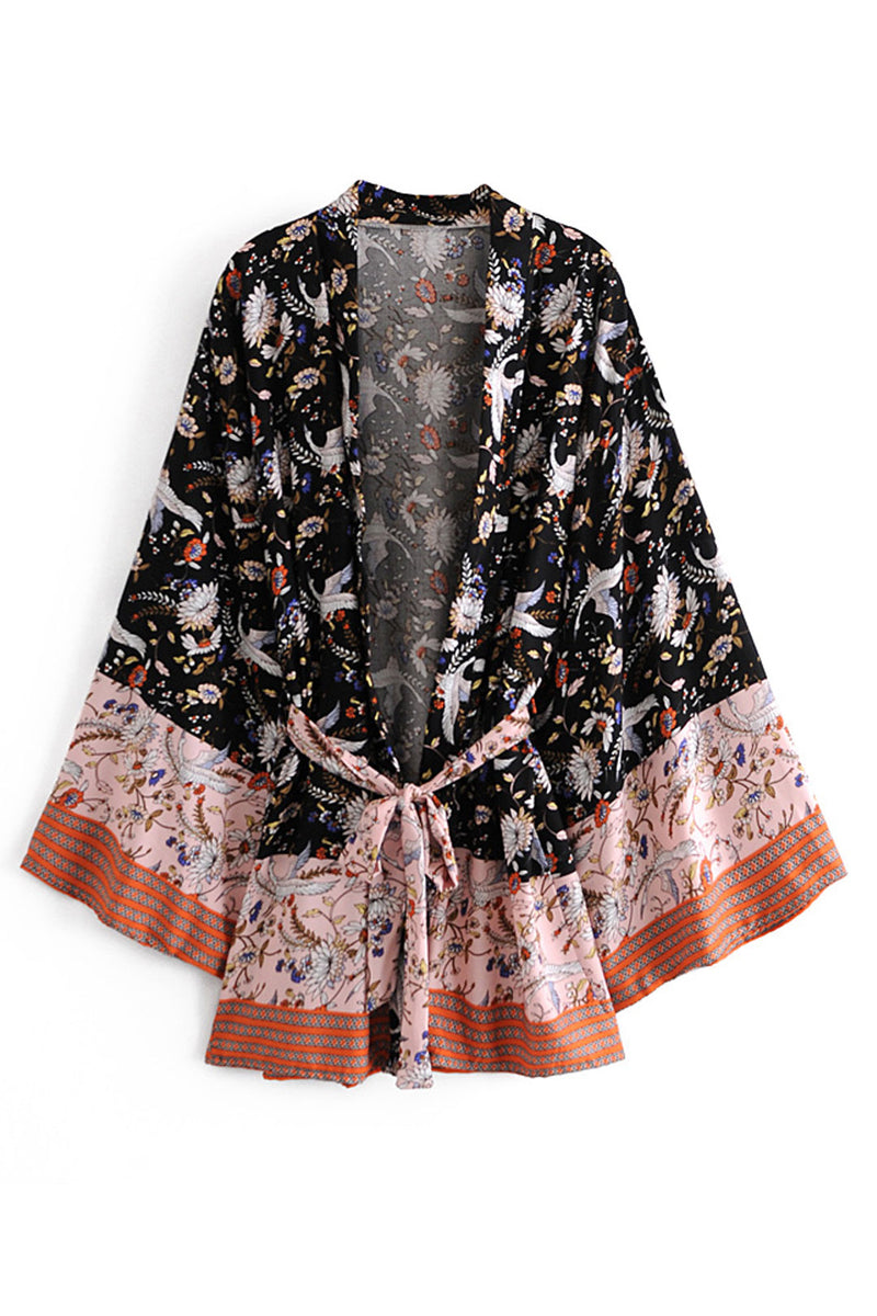 Boho Robe, Kimono Robe, Black Lari Bird - Wild Rose Boho