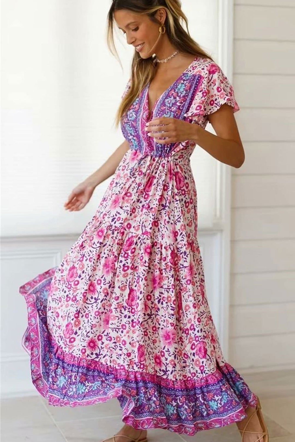 Boho Maxi Dress, Wild Floral, Fresh Pink Fuchsia – Wild Rose Boho