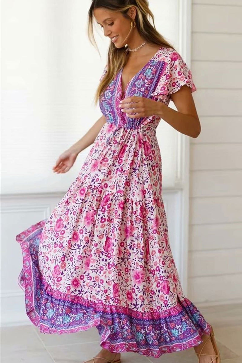 Maxi Dress, Boho Dress, Wild Floral, Fresh Pink Fuchsia - Wild Rose Boho
