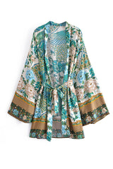 Boho Robe, Kimono Robe,  Beach Cover up, Short Robe, Flamingo in Green