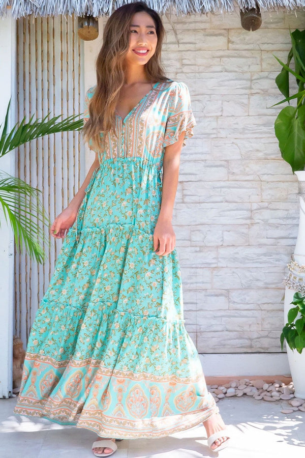 Maxi Dress, Boho Dress, Sundress, Wild Floral in Green Mint - Wild Rose Boho