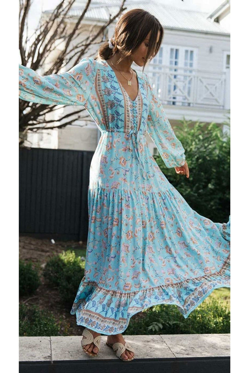 Boho Maxi Dress, Gown, Vacation in River Blue, GREEN / S Boho Maxi Dress, Gown, Vacation in River Blue, GREEN / S