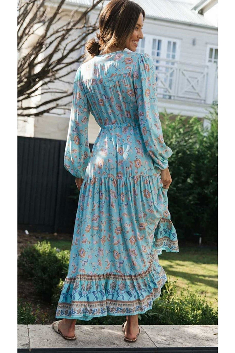Boho Maxi Dress, Gown, Vacation in River Blue, GREEN / S Boho Maxi Dress, Gown, Vacation in River Blue, GREEN / S