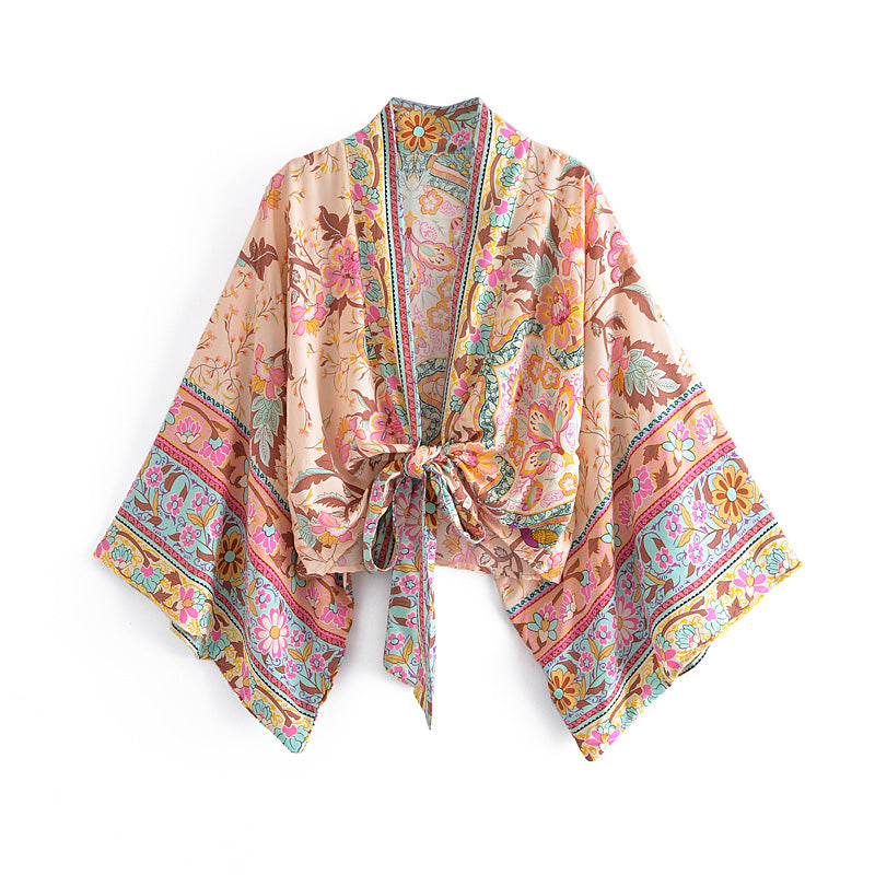 Boho Robe, Kimono Robe,  Beach Cover up, Short Robe,  Capucine Sweet Vintage Pink Flower