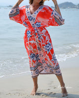 Boho Robe, Kimono Robe,  Beach Cover up,  Flamingo Flower in Red and Pink