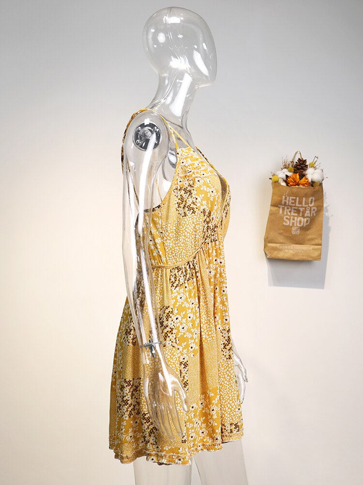 Boho Mini Dress Strappy, Daniela Yellow Flower Child