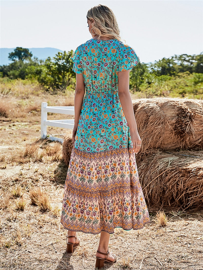 Midi Dress, Boho Dress, Sundress, Aubrey Zaynab in Yellow Pink and Green