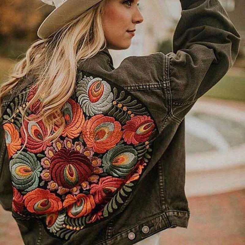 Boho Jacket, Denim Jacket for Women, Floral Embroidery Jacket