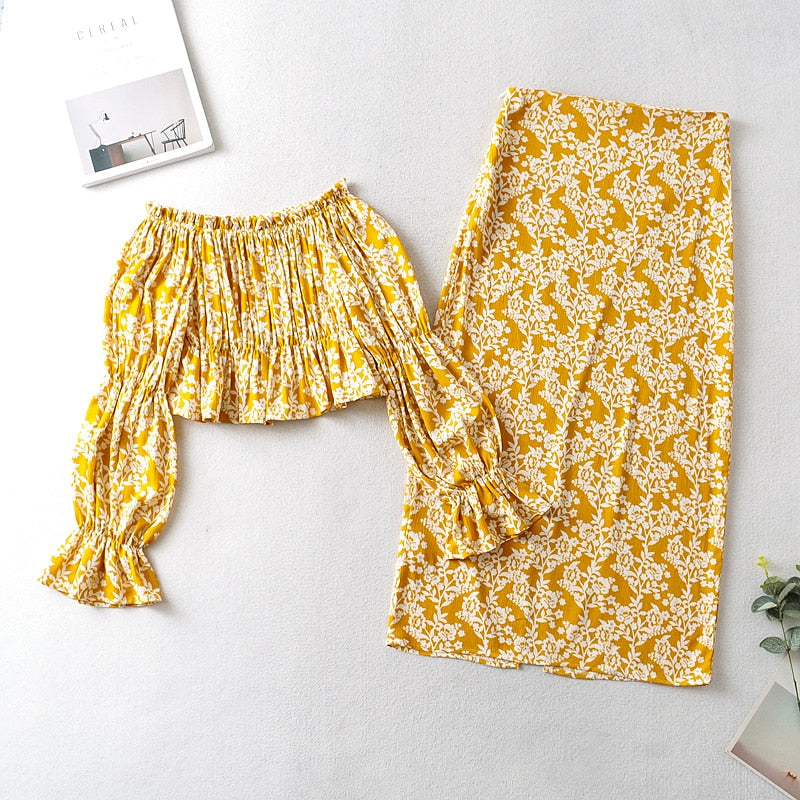 Boho Two Piece Set, Crop Top and Skirt, Vintage Oroslavje in Yellow