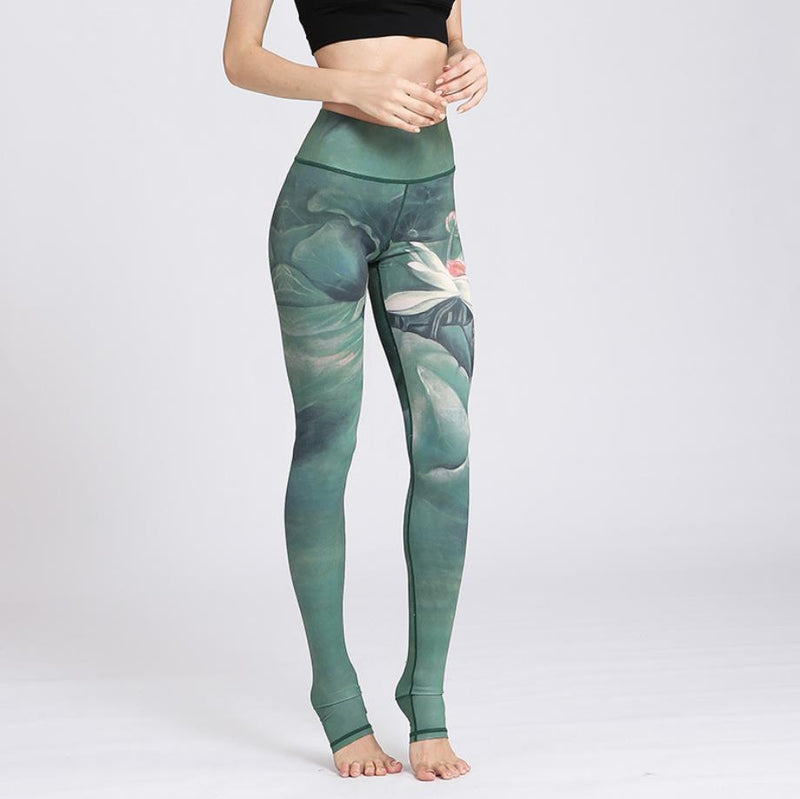 Yoga Legging, Yoga Pants, Boho Legging, Printed Tight, Green Lotus