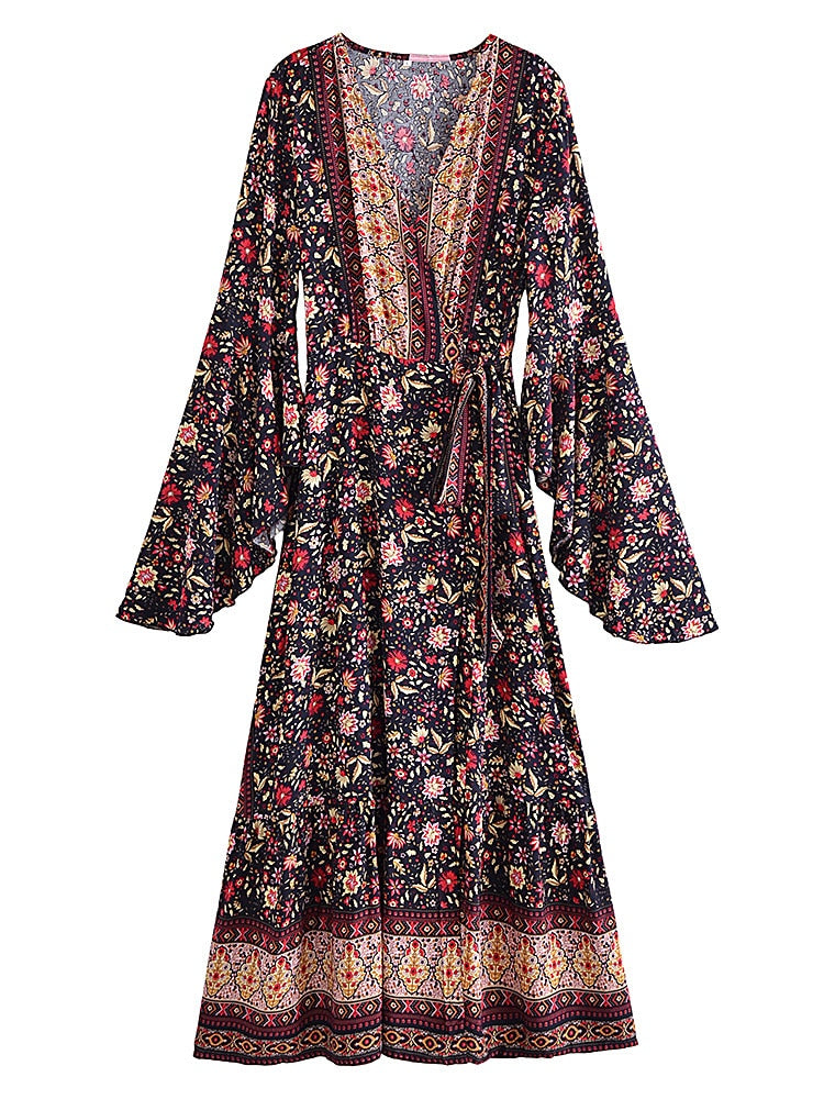 Boho Robe, Kimono Robe, Maxi Dress, Gown, Indian Flower in Black