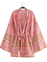 Boho Robe, Kimono Robe,  Beach Cover up, Short Robe, Eulalie in Green and Pink