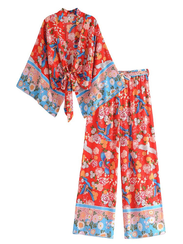 Boho Two Piece Set, Top and Palazzo Pant, Red Peony Blue Bird