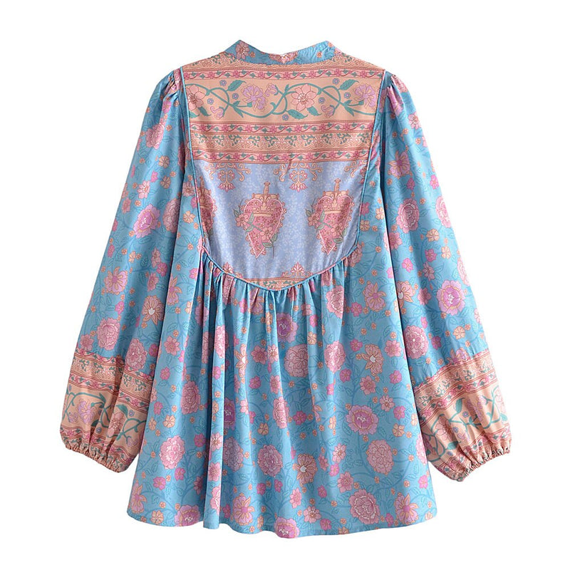 Boho Dress Top Long Sleeve Floral Cotton Casual Summer Ethnic Gypsy Hippie  Bohemian Loose Women Romantic Casual (Color : Light Blue, Size : XL/X-Large)  : : Clothing, Shoes & Accessories