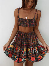 Boho Two Piece Set, Crop Top and Mini Skirt, Sierra Pansy in Red, Black and Green