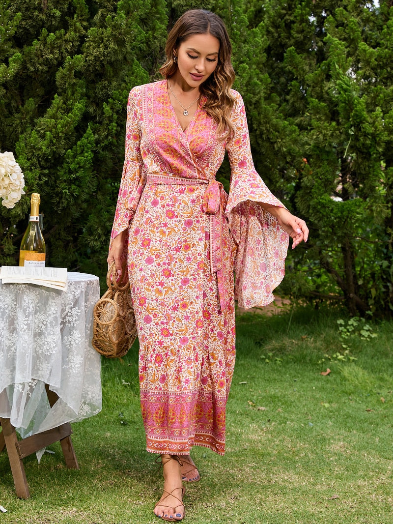 Boho Robe, Kimono Robe, Maxi Dress, Gown, Indian Flower in Pink