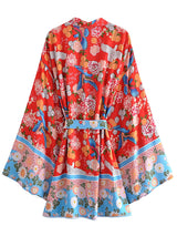 Boho Robe, Kimono Robe,  Beach Cover up, Short Robe, Blue Bird in Red