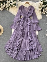 Maxi Dress, Boho Vintage Pleated Dress, Josephine Gown in Purple, Yellow, Pink and Brown