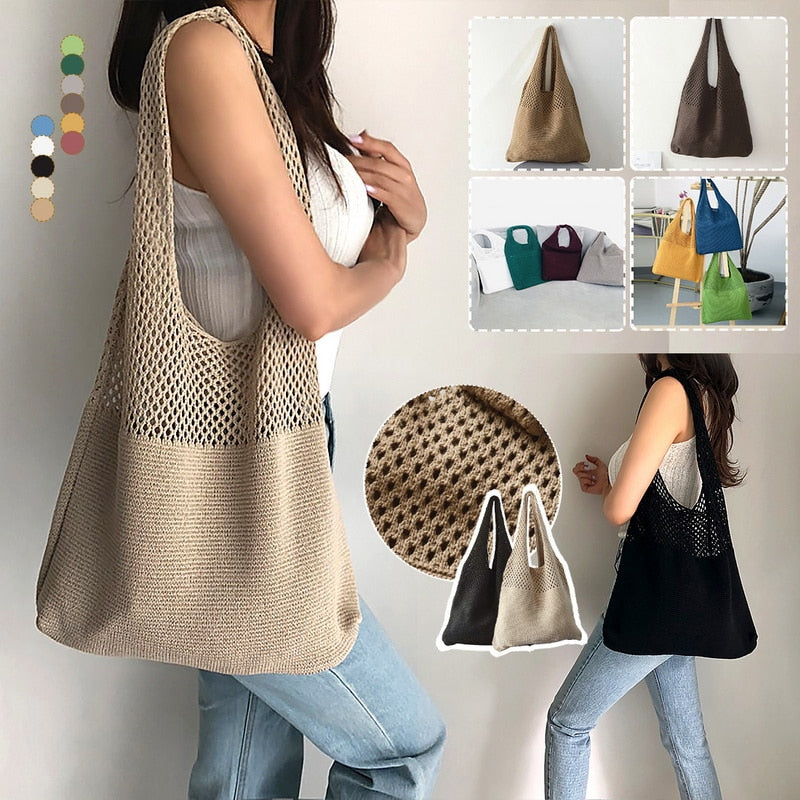 Boho Bag, Tote Bags, Crochet Tote, Knitted Shopper Handbags in Black, Beige, Brown and 10 colors