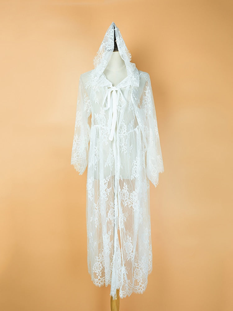 Beach Robe, Hooded Cover Up, Elsie in White Lace