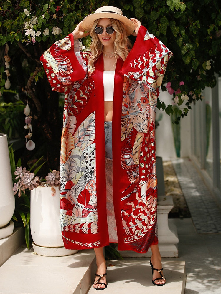 Boho Robe, Kimono Robe, Silk robe, Beach Cover up, Feathers & Folly