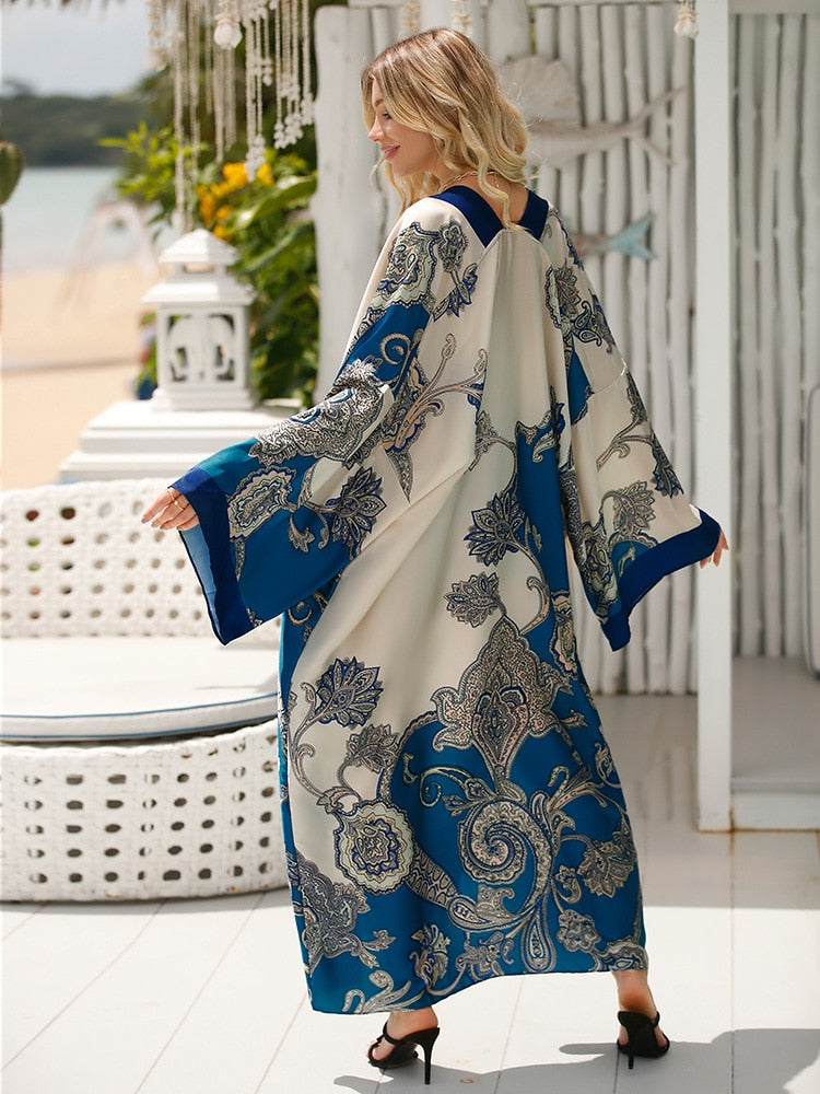 Boho Robe, Kimono Robe, Silk robe, Beach Cover up, Blue Cordelia