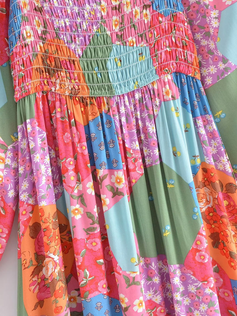Boho Midi Dress, Sundress, Maryam in Orange, Green and Pink
