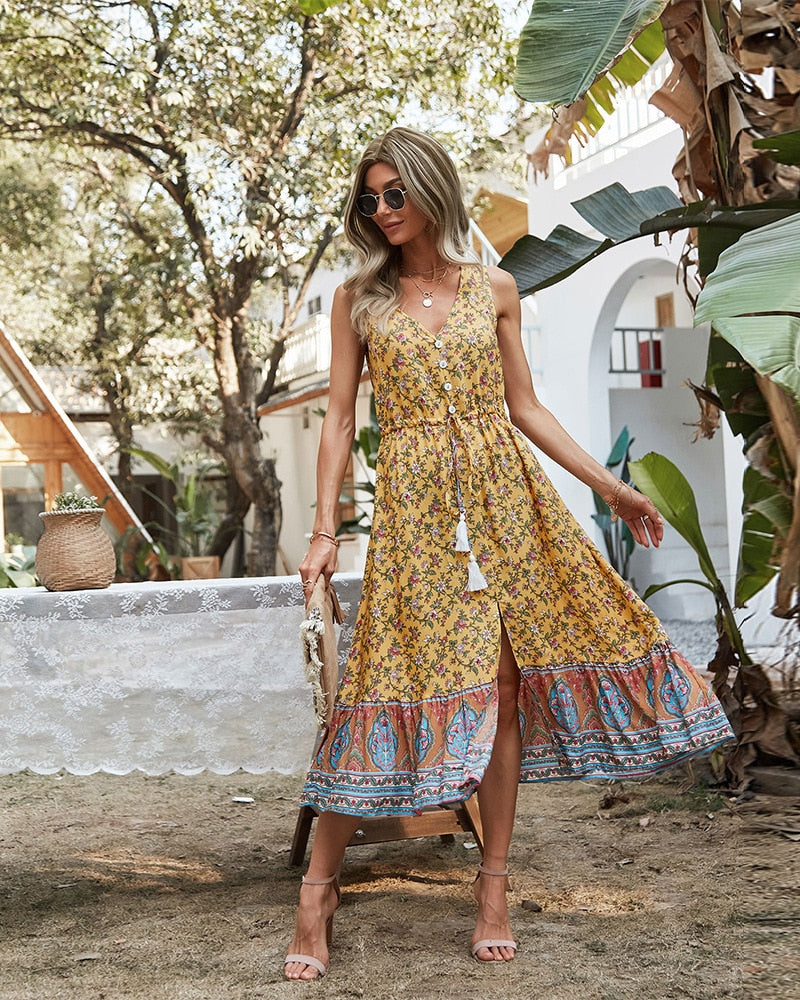 Boho Midi Dress, Sundress, Danielle  in Yellow