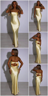 Boho Satin Party Dress, Halter Maxi Backless Dress, Adeline in Brown and Yellow