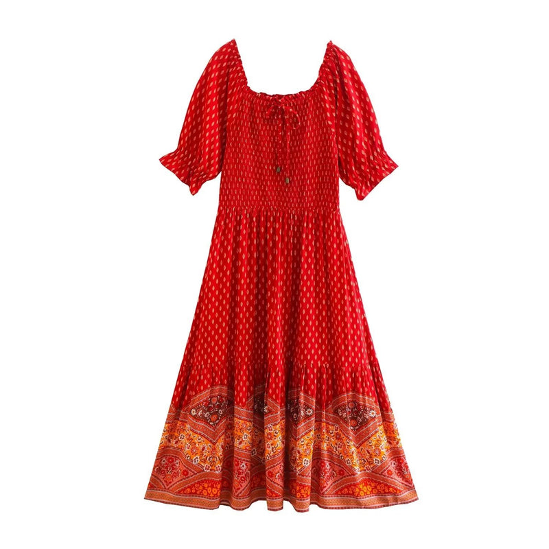 Boho Midi Dress, Sundress, Marakee in Red and Pink