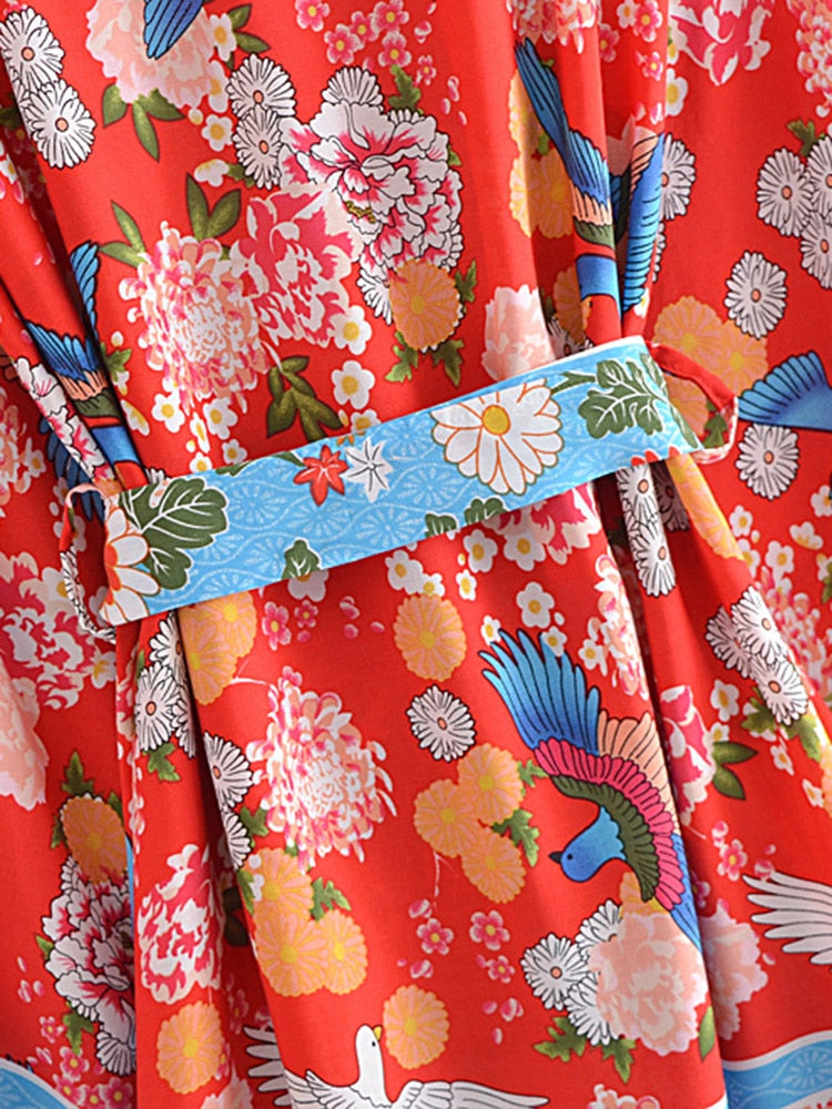 Boho Robe, Kimono Robe,  Beach Cover up, Short Robe, Blue Bird in Red